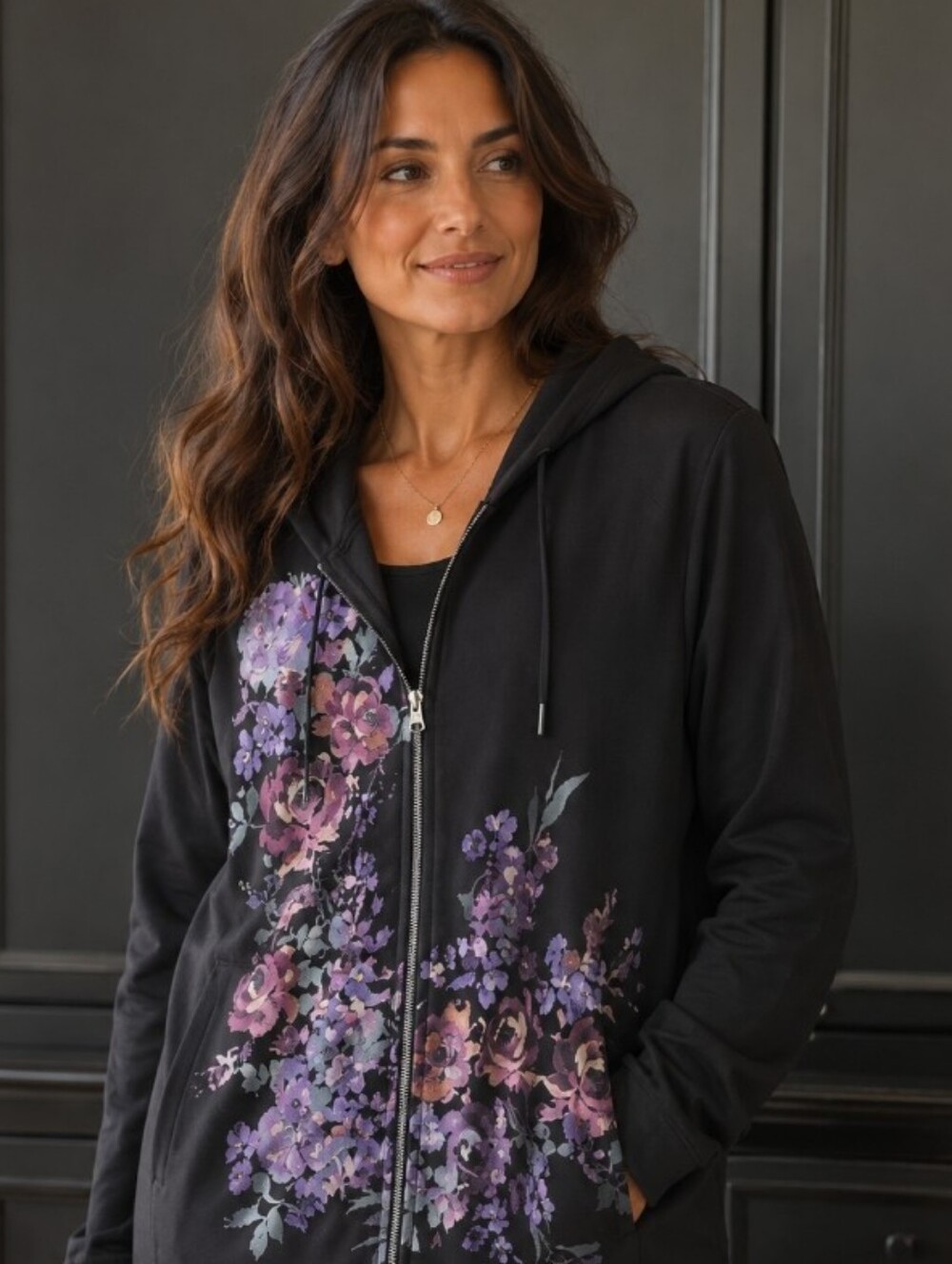 Susan Graver Black Zip Hoodie with Purple Floral Print
